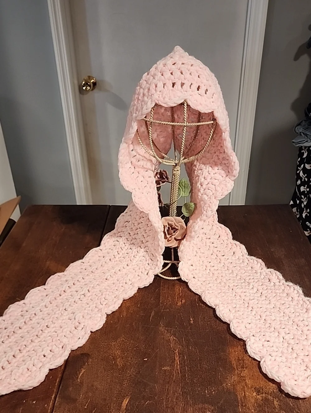 Hand Crafted Blush Pink Crochet Hooded Scarf for Kids